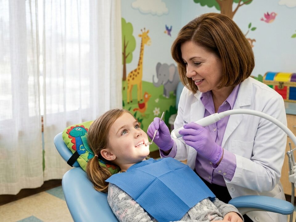 A female pediatric dentist in a white coat and purple gloves gently examines a young girl's teeth with a dental tool and light in a brightly lit, animal-themed treatment room.