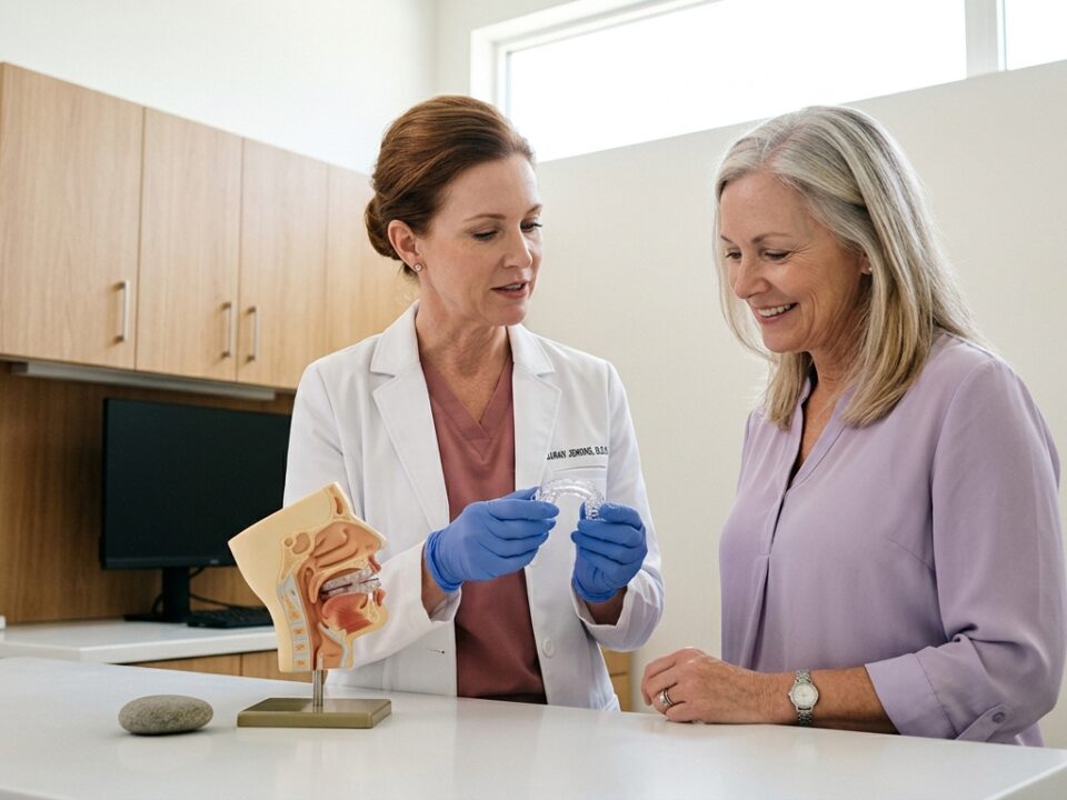 A female dentist in blue gloves and a white coat shows a clear oral appliance to a smiling female patient, with an anatomical head model on the counter.